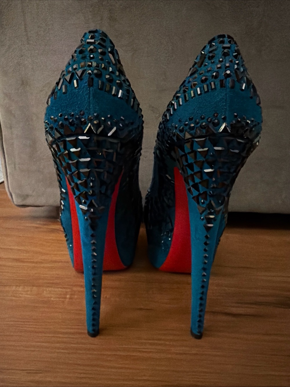 Christian Louboutin Decora Strass Teal Blue Suede Crystal Platform Pumps 38 - Picture 3 of 13